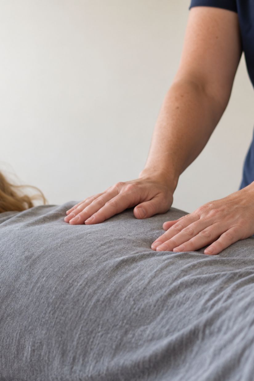 Bowen therapist's hands resting lightly on a clothed client's upper back